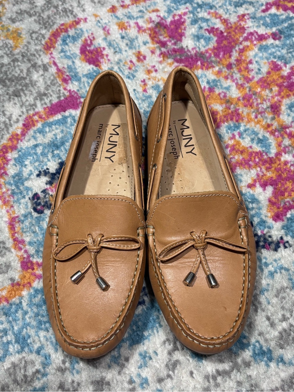 Marc Joseph Cognac Leather Slip-On Loafers with Bow Accent